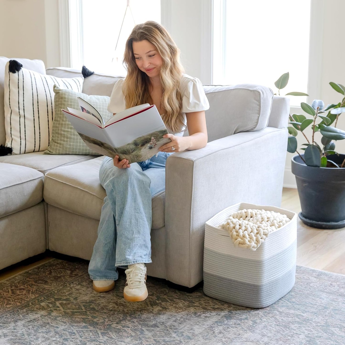 NaturalCozy 13x15x13 Kallax Storage Cubes Bins, 3 Pack | Cotton Rope Cube Storage Bin Woven Baskets for Organizing | Kallax Insert Storage Baskets for Shelves Organizer, Kids Toy, Closet Baby Nursery