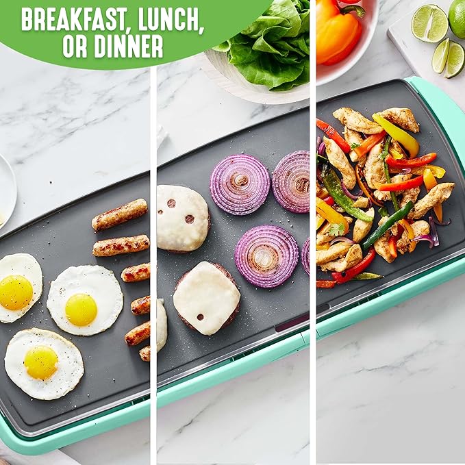 GreenLife 20” Extra Large Electric Griddle, Non-Toxic PFAS & PFOA-Free Ceramic Nonstick, Temperature Control, Quick Even Heating, Removable Drip Tray, Pancakes, Eggs, Sausage, Easy Clean, Turquoise