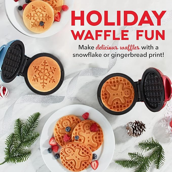 Dash Mini Waffle Maker (2 Pack) for Individual Waffles Hash Browns, Keto Chaffles with Easy to Clean, Non-Stick Surfaces, 4 Inch, Holiday (Snowflake + Gingerbread), Red and Metallic Blue