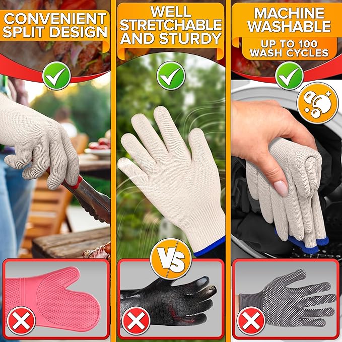 Heat Resistant Gloves - BBQ Gloves Heat Resistant Cooking Oven Gloves with Fingers Grill Glove Oven Mitts 480 to 932°F Grilling Gloves - Grill Gloves for Outdoor Grill Gloves for Hot Food Handling