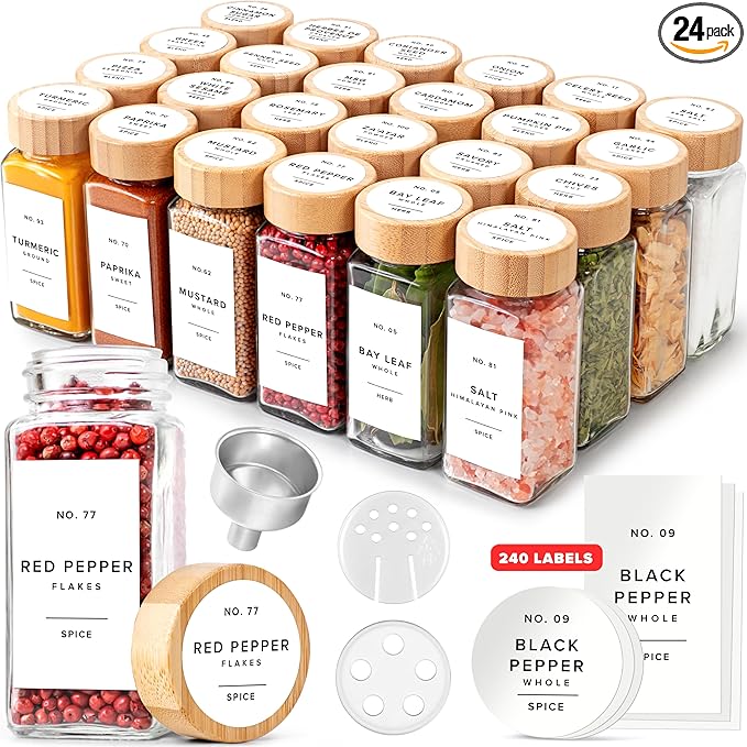 Square Spice Jars with Bamboo Wooden Lid (Pack of 24) Spice Jars with Shaker Insert and 240 Labels - Bamboo Lid Glass Container for Spice Organisation [4.3 in × 1.8 in]