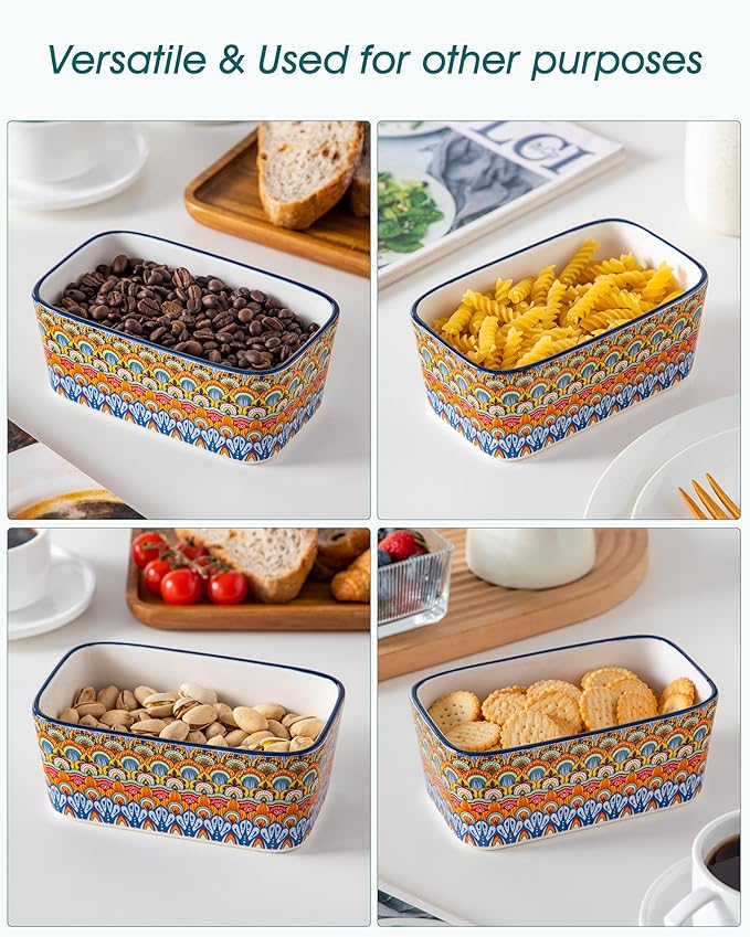 vancasso SIMI Butter Dish with Lid, 6.5" Large Butter Dish for Countertop, Bohemian Ceramic Butter Keeper Container with Knife and Bamboo Lid, Butter Holder for Counter, Regal Bloom