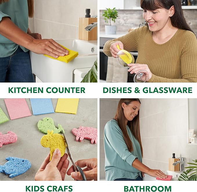 36 Pack Compressed Non-Scratch Kitchen Sponges - Highly Absorbent for Dishes, Countertop, Sink, Car - Biodegradable, Quick Drying Cellulose Sponges - Assorted Colors