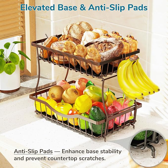 Large 2-Tier Fruit Basket for Kitchen Counter with 2 Banana Hangers – Metal Fruit Bowl for Onion, Vegetable, Snacks, Breads Storage – Countertop Organizer – Bronze