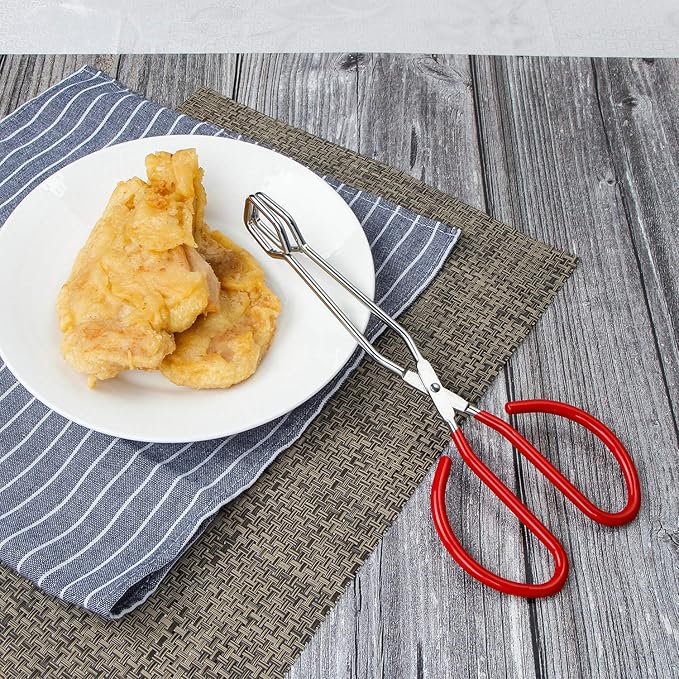 MSY BIGSUNNY 10 Inch Stainless Steel Scissor Tongs, Heavy Duty Cooking Tongs with Soft Handles, Multi-function Serving Tongs for Barbecue, Salad, Buffet, Fry (Set of 2, Red)