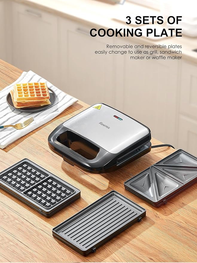 3-in-1 Waffle, Grill & Sandwich Maker, Panini Press Grill and Waffle Iron Set with Removable Non-Stick Plates, Perfect for Cooking Grilled Cheese, Tuna Melts, Burgers, Steaks and Snacks, Black (3 in1 Sandwich Maker With Plastic Handle)