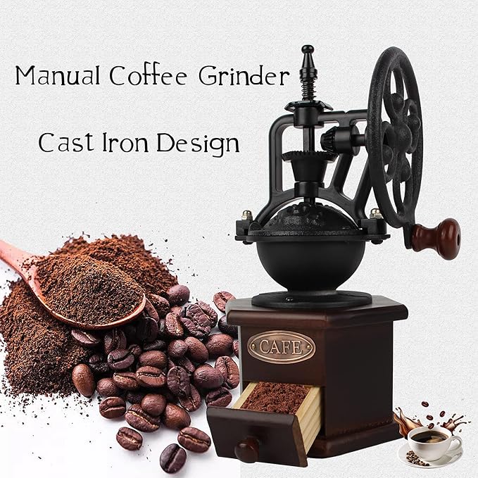 Coffee Grinder,Wooden Coffee Bean Grinder Manual Coffee Grinder Roller, Antique Coffee Mill with Cast Iron Hand Crank for Making Mesh Coffee, Decoration, Best Gift (Brown (six deformation base))