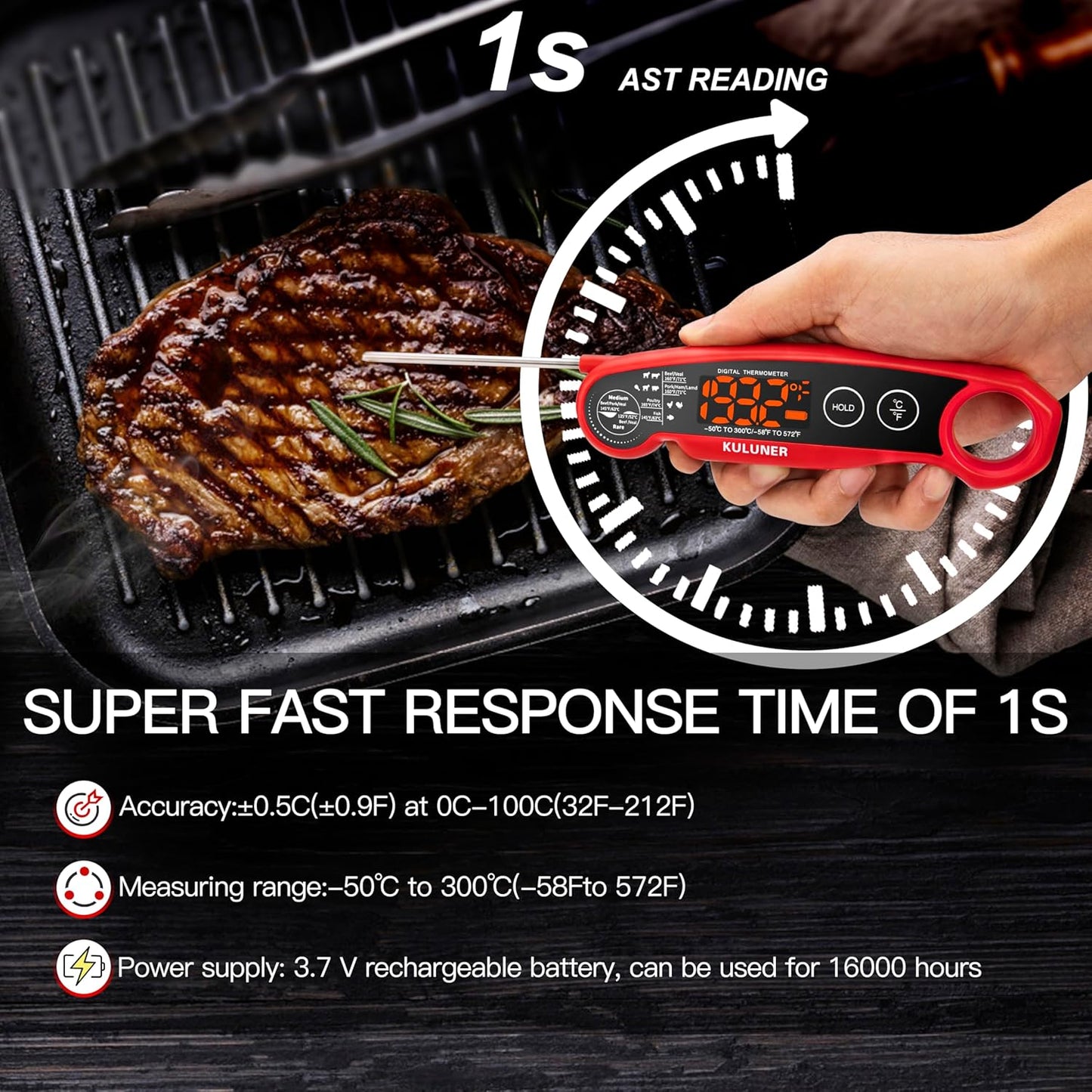KULUNER 1-Second Rapid and Accurate Meat Thermometer - Waterproof Multifunctional Kitchen Food Thermometer, Ideal for Frying, Smoking, Grilling and More(Red)