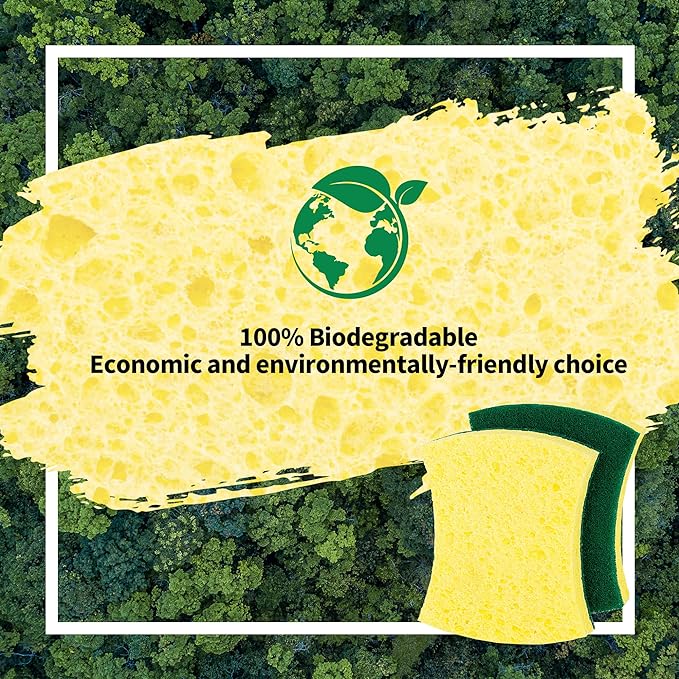 HOMERHYME Heavy Duty Cellulose Scrub Sponges, 12 Pack Dual-Sided Multipurpose Kitchen Sponge for Dishwashing, Uncoated Cookware, Sink, and Countertops