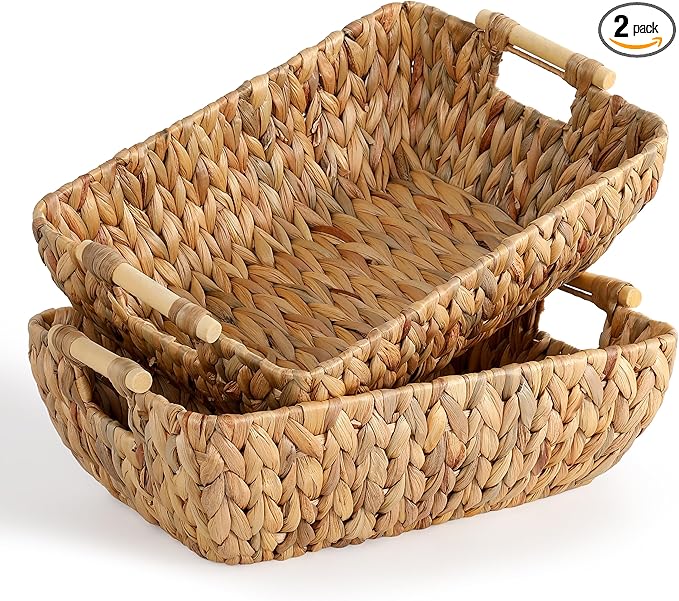 Water Hyacinth Storage Baskets with Wooden Handles，Large Wicker Baskets for Organizing Set of 2