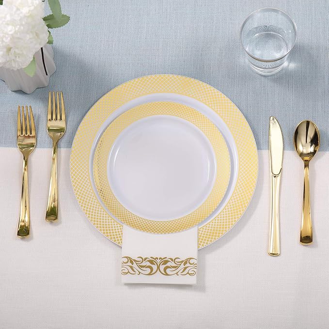 FOCUSLINE 175 Count Gold Dinnerware Set for 25 Guests - Disposable Plastic Plates with Gold Grid, Includes 25 Dinner & Salad Plates, Cups, Napkins, Cutlery Set for Wedding Parties