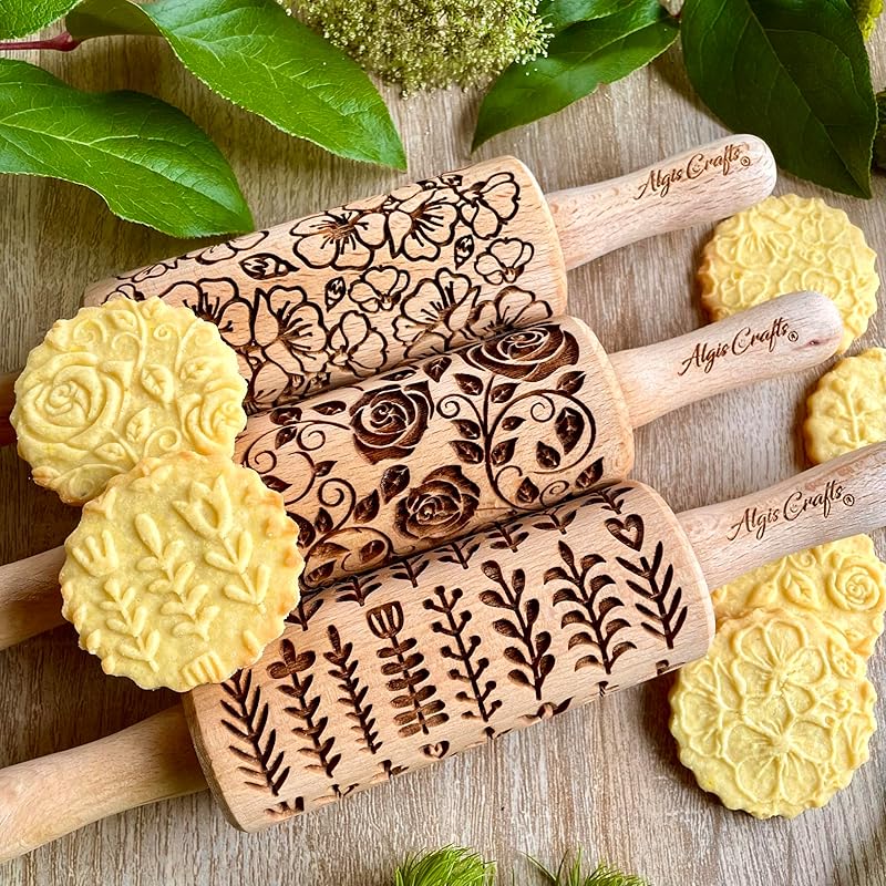 GARDEN BLOSSOMS 3 Small Size Embossed Rolling Pin Set. Wooden Laser Engraved Embossing Dough Roller for Embossed Cookies Gift for Birthday, Easter by Algis Crafts