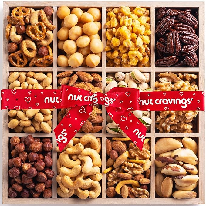 NUT CRAVINGS - Mixed Nuts Gift Basket in Reusable Wooden Tray + Heart Ribbon (12 Assortments) Food Arrangement, Healthy Snack Care Package, Food Assortments