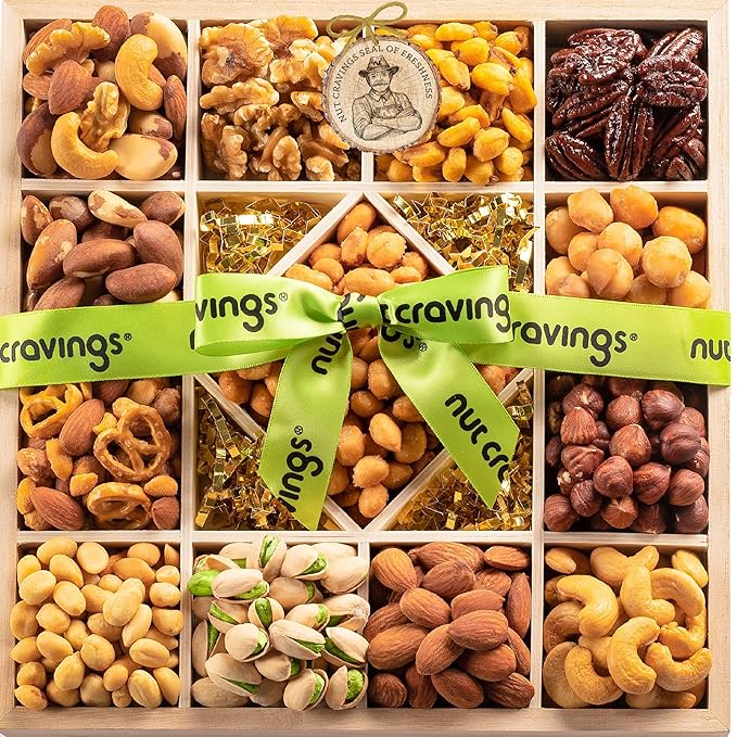 NUT CRAVINGS - Mixed Nuts Gift Basket in Reusable Diamond Wooden Tray + Green Ribbon (13 Assortments) Food Arrangement, Healthy Snack Care Package, Food Assortments