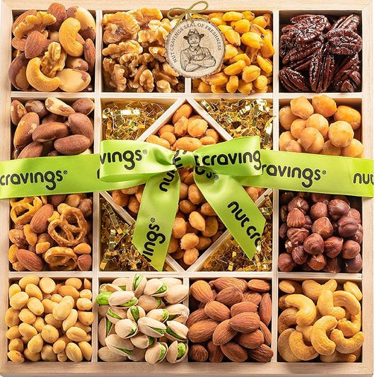 NUT CRAVINGS - Mixed Nuts Gift Basket in Reusable Diamond Wooden Tray + Green Ribbon (13 Assortments) Food Arrangement, Healthy Snack Care Package, Food Assortments