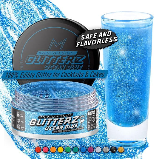 MONÉGASQUE Ocean Blue Edible Glitter for Drinks 10g – Blue Edible Glitter for Cakes & Beverage - Champagne & Halloween Cocktail Drink Shimmer Flakes - Food Decorating & Cake Decorations Spray