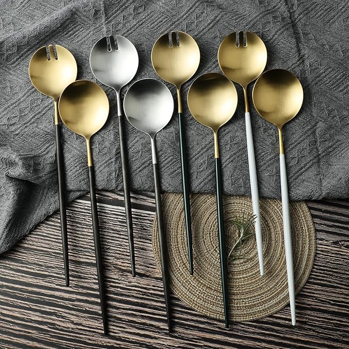 Salad Servers,Spoon and Fork Set 11.41 inch,18/10 Stainless Steel Salad Serving Titanium Plating (black gold)
