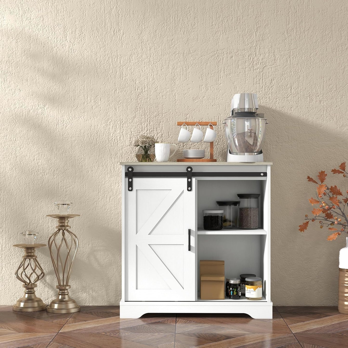 Panana Sliding Barn Door Buffet Sideboard Storage Cabinet Coffee Bar Kitchen Farmhouse Style (White Cabinet Nature Top)