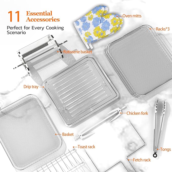 Air Fryer Oven Large 20 QT, 10-in-1 Toaster Oven Air Fryer Combo with Window for Family, Airfryer Oven with Rotisserie, 3 Dehydrating Racks, ETL Certified