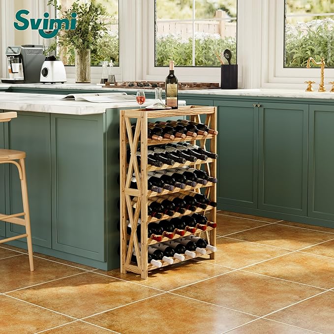 Solid Wood Wine Storage Racks - Stackable Wine Rack with Tabletop, Free Standing Floor Wooden Wine Rack, Premium Wine Storage Rack Display and Organizing for Kitchen and Cellar 6 Tier 36 Bottles