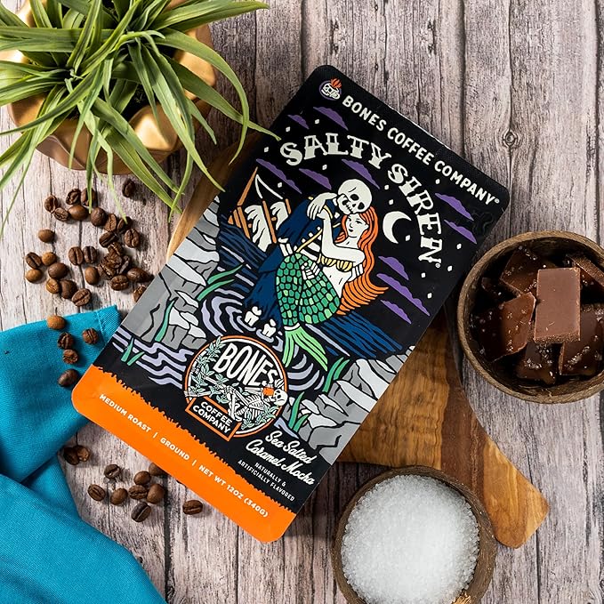 Bones Coffee Company Salty Siren, Sea Salted Caramel Chocolate Flavored Coffee, Medium Roast Low Acid Arabica Beans Compatible with Auto drip and French Press Coffee Maker, 12 Oz Ground