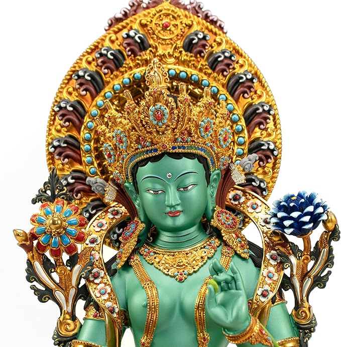 Handmade Copper Buddha Statue Indoor, Green Tara Buda Sculpture for Home Decor, Hand-Painted Colored Buddhist Budda,14.17"