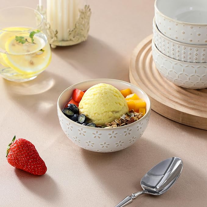 MALACASA Small Bowls, 14 Ounce Ice Cream Bowl, Stoneware Dessert Bowls Set of 4 with Embossment for Snack, Chip, Fruits, Side Dishes - 4.5 Inch, Arctic White Series LYDIA