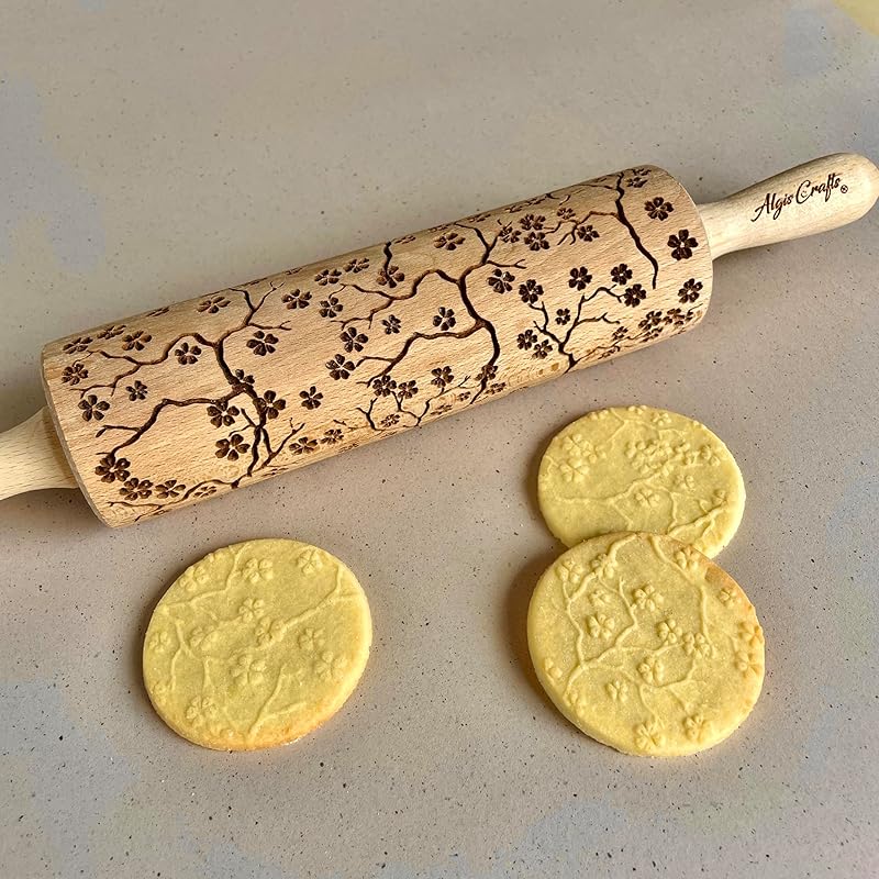 SAKURA TREE Embossing Rolling Pin with Blooming Sakura Flowers Pattern. Dough and Clay Roller for Embossed Cookies Fondant Pottery. Cookie and Ceramic Stamp. Backing Gifts for Women by Algis Crafts