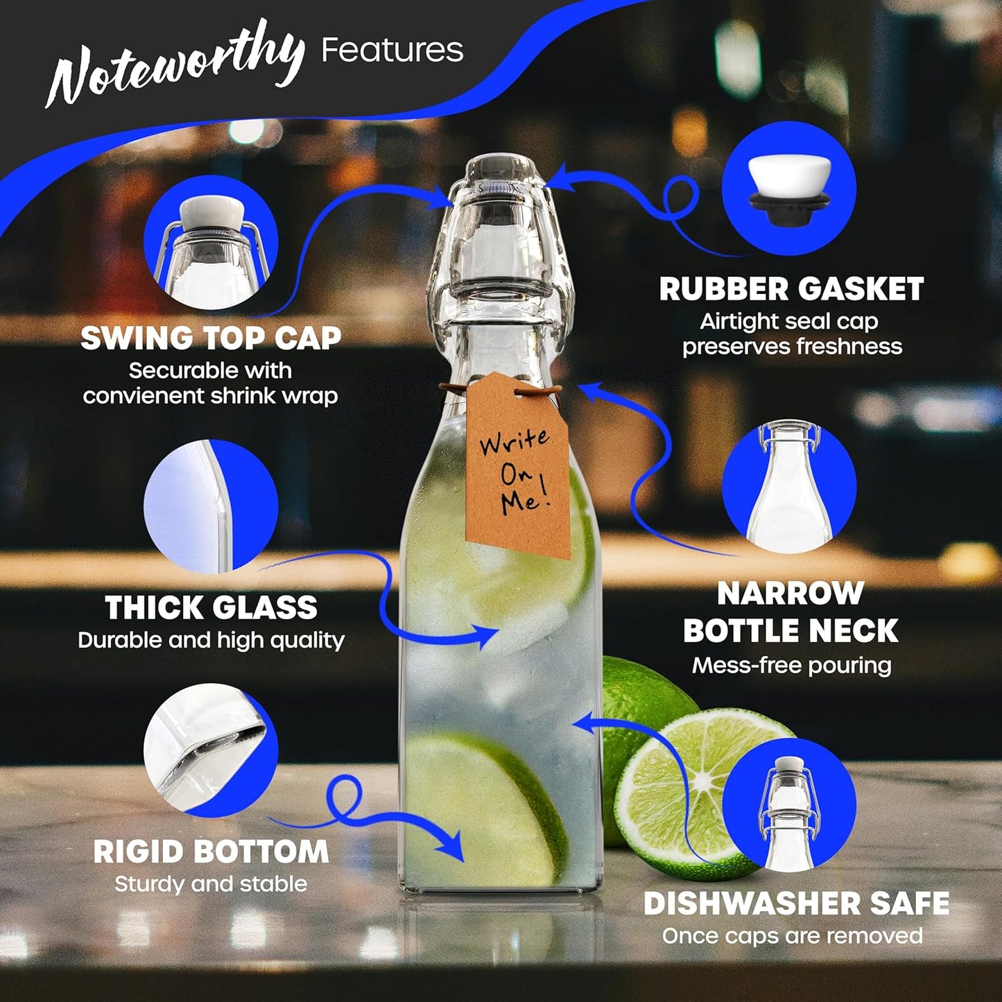 Nevlers 12 Oz Flip Top Glass Bottle 12 Pack | Square Swing Top Glass Bottles with Lids, Shrink Wrap, Paper Tags + String, Foldable Funnel, Cleaning Brush, & Gold Marker | Clear Syrup Container Set