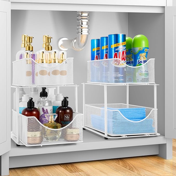 Sorbus 2 Tier Under Sink Bathroom Organizers and Storage, Strong Steel Mesh Sliding Drawers for Enhanced Bathroom Storage Ideal Bathroom Organization and Storage & Under Kitchen Sink Organizer (White)