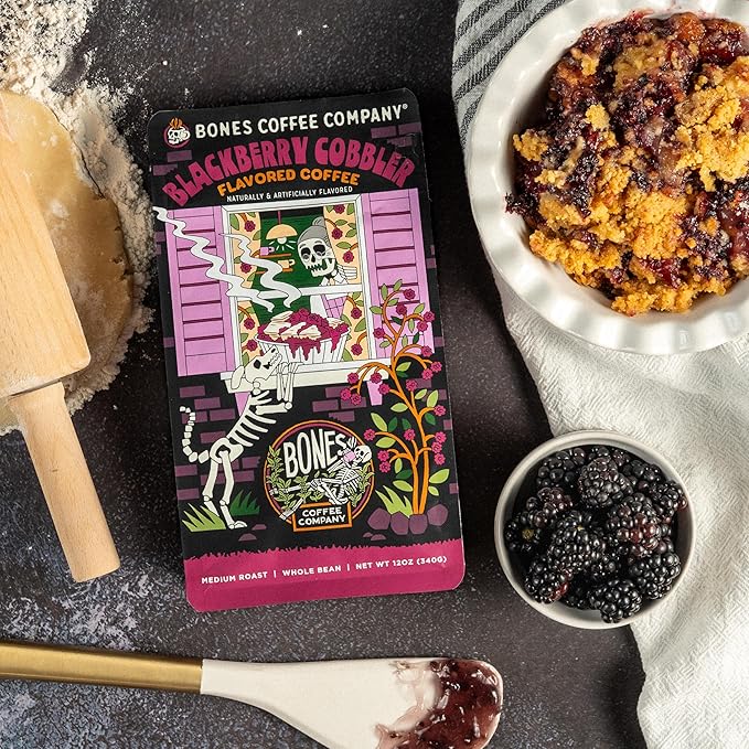 Bones Coffee Company Blackberry Cobbler Flavored Coffee Beans, Whole Bean Coffee Medium Roast Low Acid, Blackberry Cobbler Flavor (12 oz)