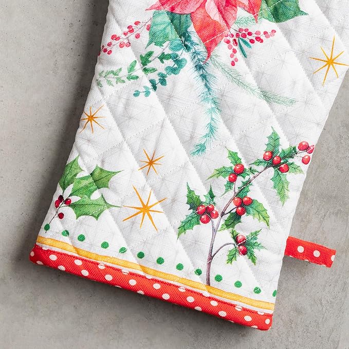 Maison d' Hermine Oven Gloves 100% Cotton Oven Mitt 7" x 13" with Loop Heat Resistant, BBQ, Cooking Gloves, Baking, Grilling, Kitchen, Handling Hot Pans (Pack of 1, Poinsettia Christmas)