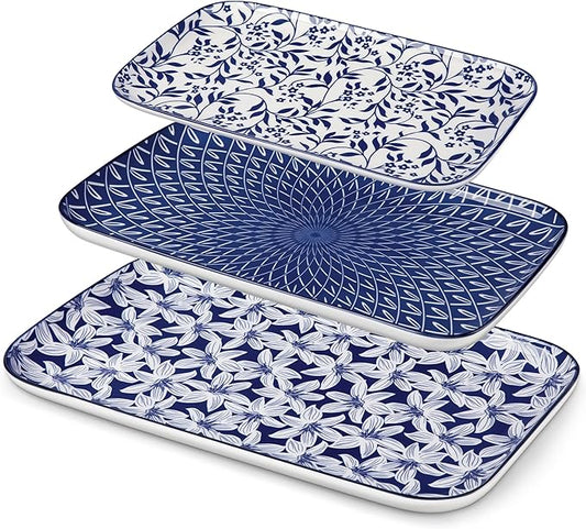 vancasso Serving Platters Set of 3, 16"/14"/12" Inch Rectangular Trays - Serving Platter Extra Large, Ceramic Serving Dish Microwave & Dishwasher Safe (Vintage Blue A)