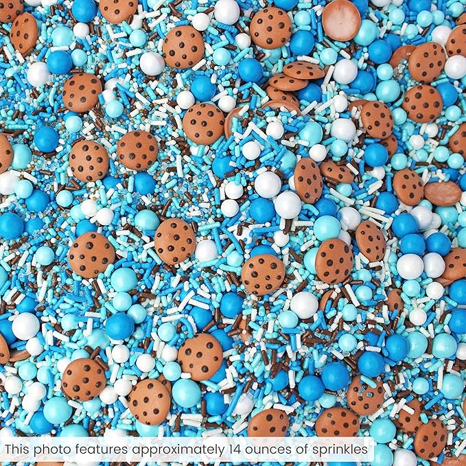 Sprinkle Pop Cookies & Milk Sprinkle Mix| Blue and White Sprinkles with ~12 Hand Piped Chocolate Chips Cookies and Brown Pops| Decorating Sprinkles Made in USA For Birthday Cake Cupcakes Donuts, 4oz