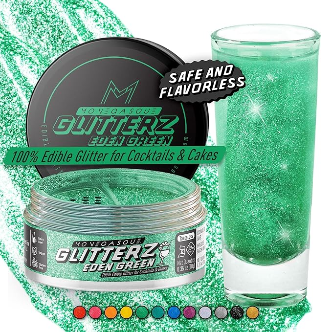 MONÉGASQUE Eden Green Edible Glitter for Drinks 10g – Edible Glitter for Cakes & Cocktails – Food Coloring Spray for Halloween Cake Decorations – Cocktail Drink Shimmer – Green Sprinkles for Cake