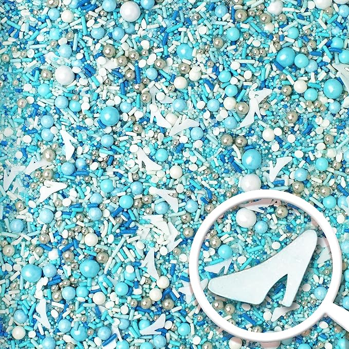 Sprinkle Pop Glass Slipper Princess Sprinkle Mix| Blue White Sprinkles with ~10 Frozen Shoe Wafer Paper and Silver Dragees| Girl Sprinkles Made in USA for Decorating Birthday Cupcakes Cake Donuts, 2oz