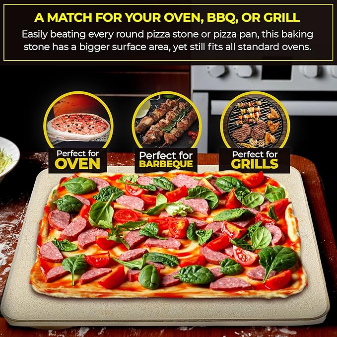 Pizza Stone - Baking Stone. SOLIDO Rectangular 14"x16" - Perfect for Oven, BBQ and Grill