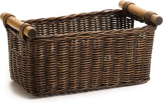 The Basket Lady Petit Pole Handle Wicker Storage Basket, Medium, 12 in L x 6.5 in W x 6 in H, Antique Walnut Brown