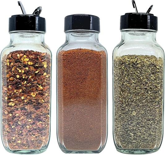 JARMING COLLECTIONS Glass Spice Jars with Shaker Lids - Spice Jars 8oz for Food Storage, Spice Containers for Kitchen Organization and Storage, Glass Organizing Bottles (French Square 8oz Blackx3)