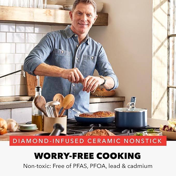 GreenPan x Bobby Flay 13 Piece Nonstick Cookware Pots and Pans Set, PFAS-Free Diamond Ceramic, Induction Suitable, Easy Clean Dishwasher & Oven Safe, Stay-Cool Silicone Handles, Glass Lids, Navy Blue
