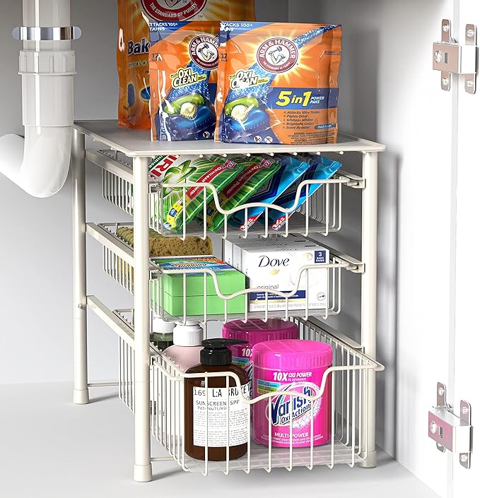 Simple Houseware 3-Tier Stackable Sliding Basket Storage Organizer Drawer for Bathroom and Kitchen, White