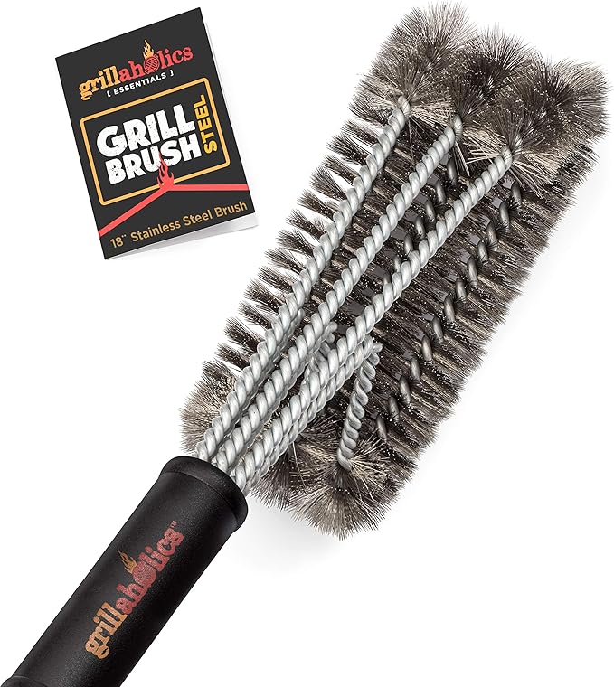 Grillaholics Essentials Grill Brush Steel - Triple Machine Tested for Safety - Stainless Steel Wire Grill Brush for Deep Grill Cleaning - Lifetime Manufacturers Warranty