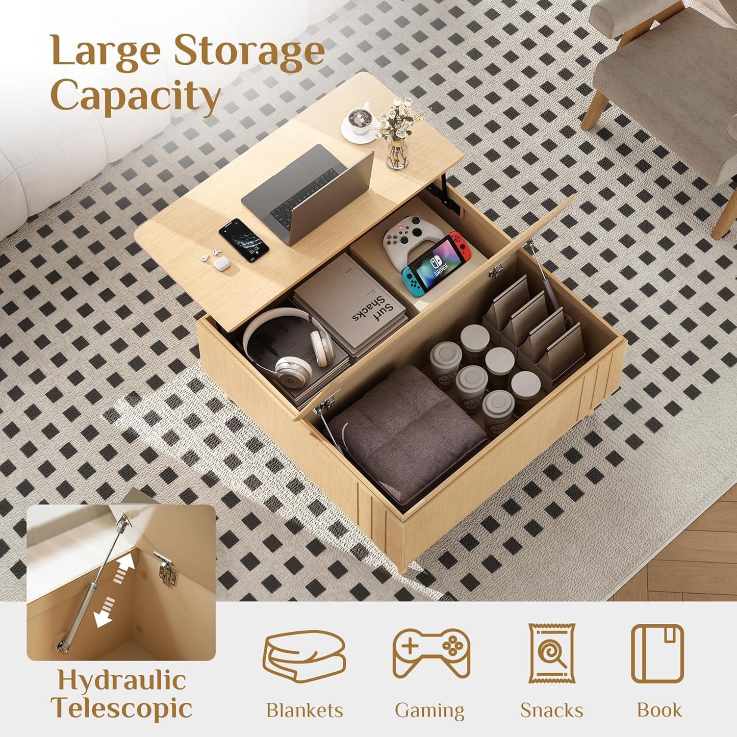 Lift Top Coffee Table, Mid Century Modern Center Table with Large Hidden Storage Compartment, 36" Square Coffee Tables for Living Room, Home Office, Oak