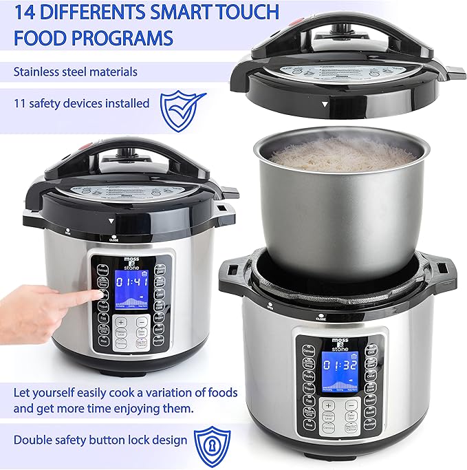 Moss & Stone Electric Pressure Cooker with Large LCD Display, Multi-Use 6 Quart Pot, 14-in-1 Cooker & Maker: Slow, Rice, Steam, Saute, Yogurt, Egg, Warmer