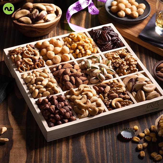 NUT CRAVINGS Gourmet Collection - Thinking of You, Nuts Gift Basket with Thinking of You Ribbon + Greeting Card in Reusable Wooden Tray (12 Assortments) Food Arrangement, Healthy Snack, Food Assortments