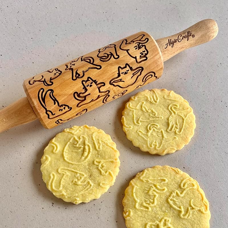 CATS 3 Mini Embossed Rolling Pin Set – Wooden Laser-Engraved Textured Rolling Pins for Cookies, Modeling Clay, Ceramics – Various Cat Patterns by Algis Crafts