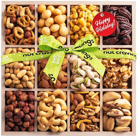 NUT CRAVINGS Gourmet Collection - Christmas Treats Nuts Gift Basket with Happy Holiday Ribbon in Reusable Wooden Tray (12 Assortments) Food Arrangement, Healthy Snack Care Package, Food Assortments
