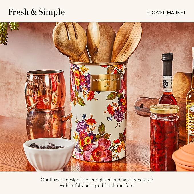 MACKENZIE-CHILDS Enamel Utensil Holder, Kitchen Utensil Holder for Countertop, Storage Caddy, White Flower Market