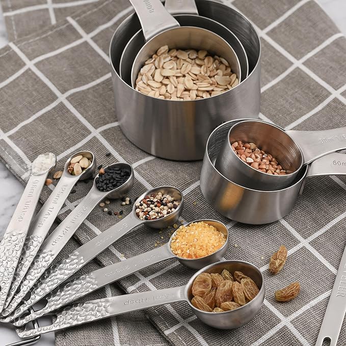 Measuring Cups and Spoons Set 12, Metric & US 18/8 Stainless Steel 5 Measuring Cups &6 Spoons &1 Leveler for Kitchen and Baking