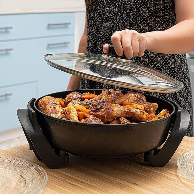 Moss & Stone Round Nonstick Electric Skillet With Lid, Aluminum 12x12 Inch Electric Frying Pan 5Qt, Nonstick Cooking Surface, Adjustable Temperature Control, Vented Glass Lid, Heat-Resistant Handle